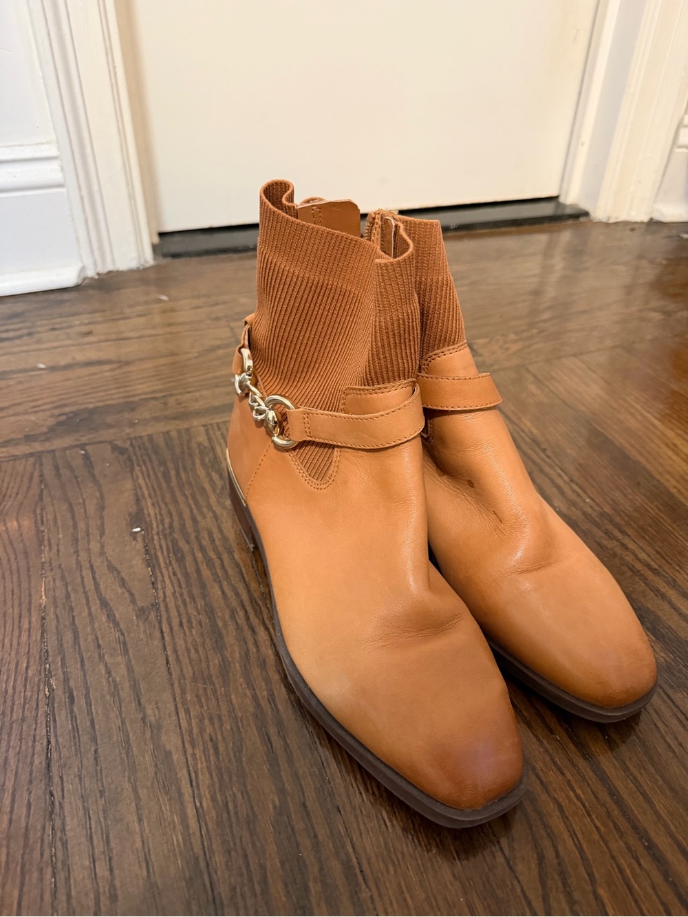Women's Tan Leather Ankle Boots with Knit Shaft and Chain Accent